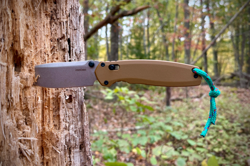 The knife blade is embedded in a weathered tree trunk during outdoor testing